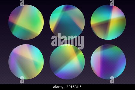 Adesivi a rifrazione cristallina, bagliore, effetto luce solare arcobaleno, riflessi olografici a forma di cerchio. Illustrazione Vettoriale