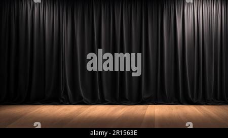 Un palco in legno con sfondo a tenda nero e faretti per il rendering delle presentazioni Foto Stock