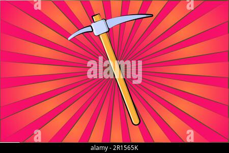 Piccone per utensili da miniera per riparazioni edili su sfondo di astratti raggi rossi. Illustrazione vettoriale. Illustrazione Vettoriale