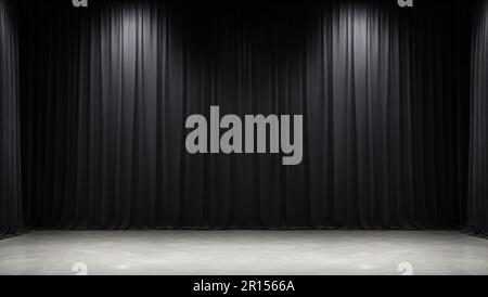 Un palco in pietra con sfondo a tenda nera e faretti per la presentazione vetrina show room Foto Stock