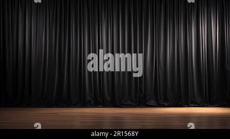 Un palco con pavimento in legno con sfondo a tenda nero e faretti per la rappresentazione dello show room Foto Stock