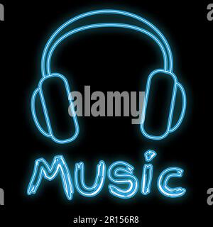 Una bella icona luminosa al neon astratta, una cuffia per musica di dimensioni standard e lo spazio per la copia della musica su sfondo nero. VEC Illustrazione Vettoriale