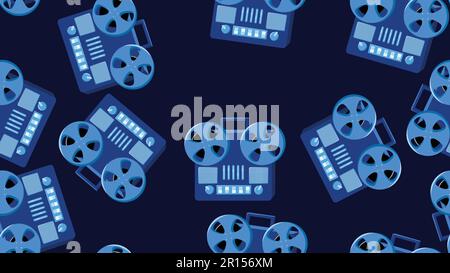 Modello senza interruzioni senza fine con la musica audiocassetta vecchi registratori a nastro retro hipster vintage da 70s, 80s, 90s isolato su sfondo blu. Vettore ill Illustrazione Vettoriale