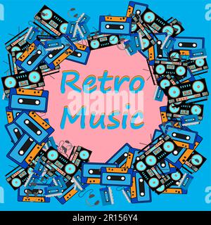 Una cornice per musica retrò realizzata da un vecchio lettore audio con tecnica retrò e cuffie, un registratore audio a nastro e un cassettino audio degli anni '80 Illustrazione Vettoriale
