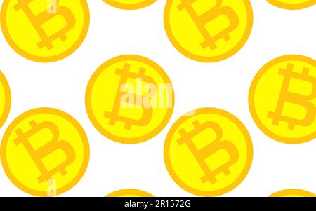 Modello di monete gialle dorate bitcoin, tecnologia blocco, il concetto di criptovaluta. Illustrazione vettoriale. Illustrazione Vettoriale
