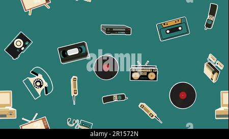Texture, modello senza cuciture di vecchi adesivi elettronici retrò hipster, tv recorder telefono cellulare, lettore, audiocassetta, videoregistratore, console di gioco, c Illustrazione Vettoriale