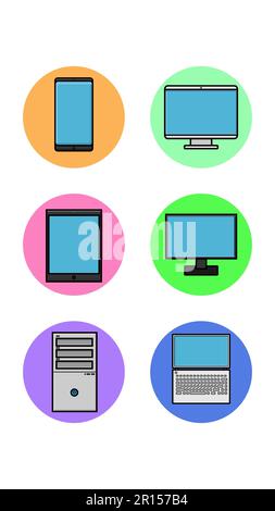 Un set di sei icone rotonde per il contemporaneo con moderna tecnologia informatica e elettronica computer portatile smartphone tablet computer su sfondo bianco. VEC Illustrazione Vettoriale
