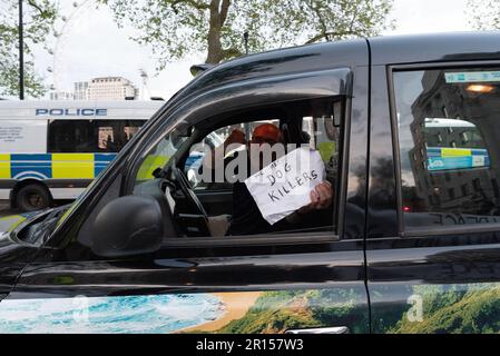 Londra, Regno Unito. 11 maggio, 2023. Un tassista di passaggio mostra sostegno come attivisti per i diritti degli animali fase una veglia fuori dalla sede della polizia metropolitana a New Scotland Yard per due cani uccisi dalla polizia a Poplar, Londra est in un incidente pubblico in cui il proprietario è stato anche tasered. La polizia sostiene che i cani, chiamati Marshall e milioni, erano una "terribile minaccia per loro”, ma gli attivisti mantengono le uccisioni, ampiamente viste sui social media video, erano crudeli e inutili. Credit: Ron Fassbender/Alamy Live News Foto Stock