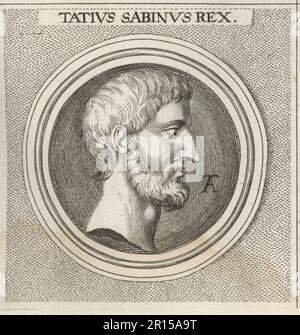 Tito Tatio, leggendario re Sabino che governava con Romolo, fondatore di Roma. Tatius Sabinus Rex. Incisione su copperplate dopo un'illustrazione di Joachim von Sandrart dalla sua Academia Todesca, della architettura, scultura & Pittura, oder Teutsche Academie, der Edlen Bau- Bild- und Mahlerey-Kunste, Accademia tedesca di architettura, scultura e pittura, Jacob von Sandrart, Norimberga, 1675. Foto Stock