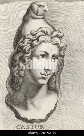 Castor, uno dei due fratellastri della mitologia greca e romana, conosciuto insieme come Dioscuri. Fratello di Pollux o Polydeuces, figlio di Zeus o Tyndareus e Leda. Ruota. Incisione su copperplate di Johannes Franck dopo un'illustrazione di Joachim von Sandrart dalla sua Academia Todesca, della Architectura, scultura & Pittura, oder Teutsche Academie, der Edlen Bau- Bild- und Mahlerey-Kunste, Accademia tedesca di architettura, scultura e pittura, Jacob von Sandrart, Norimberga, 1675. Foto Stock