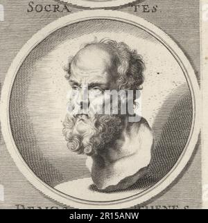 Socrates, filosofo greco di Atene, 470–399 a.C. Riconosciuto come il fondatore della filosofia occidentale e tra i primi filosofi morali della tradizione etica del pensiero. Socrates. Incisione su copperplate di Bartholomaus Kilian dopo un'illustrazione di Joachim von Sandrart dalla sua Academia Todesca, della Architectura, scultura & Pittura, oder Teutsche Academie, der Edlen Bau- Bild- und Mahlerey-Kunste, Accademia tedesca di architettura, scultura e pittura, Jacob von Sandrart, Norimberga, 1675. Foto Stock