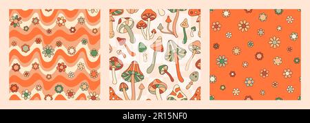 Groovy funghi e Daisy fiori senza cuciture set. Retro Hippie Vector background in stile 70s 80s per la stampa su tessuto, carta da imballaggio Illustrazione Vettoriale