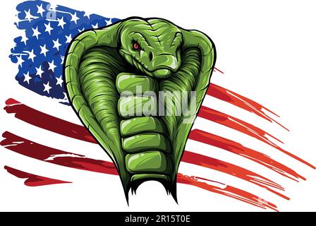 Mascotte di serpente Cobra con bandiera americana su sfondo bianco Illustrazione Vettoriale