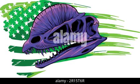 Dilophosaurus dinosauro cranio fossile con bandiera americana Illustrazione Vettoriale