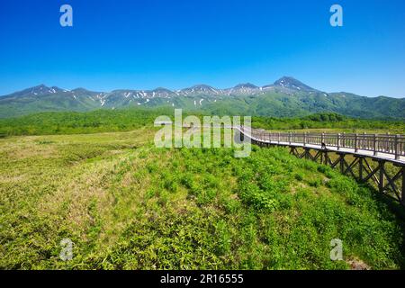 Shiretoko passerella sopraelevata a cinque laghi e catena montuosa Shiretoko Foto Stock