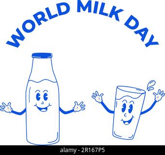 Giornata mondiale del latte. Silhouette di biberon e bicchiere di latte su sfondo beige in stile groovy. Banner festivo il 1 giugno. Illustrazione Vettoriale