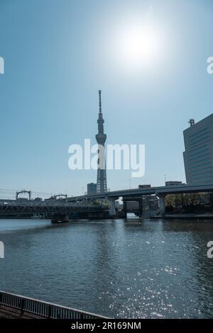 TOKYO, GIAPPONE - 9 APRILE 2023: Edificio dello skyline e torre dello Skytree di Tokyo, famoso punto di riferimento vicino al fiume Sumida, vista dal quartiere Asakusa a Tokyo, Giappone Foto Stock