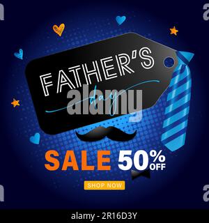 Prezzo scontato per i padri fino a $50 di sconto sul banner. Offerta speciale Father's Day poster design concept con cravatta blu, baffi, stelle e cuori Illustrazione Vettoriale