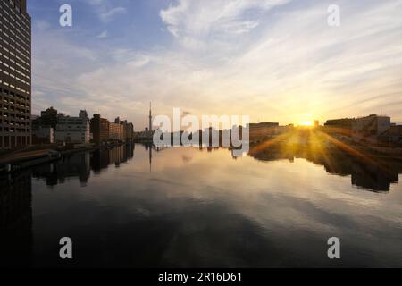 Vista dell'alba vicino al fiume Sumida, al ponte Kiyosu e all'albero del cielo di Tokyo Foto Stock