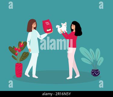 Veterinario di professione. Il veterinario della donna tiene un cane su uno sfondo isolato. Illustrazione vettoriale in uno stile piatto, Illustrazione Vettoriale