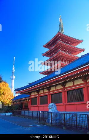 Tokyo Sky Tree e la pagoda a cinque piani del Tempio di Sensoji Foto Stock