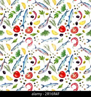 Modello senza cuciture di acciughe e verdure acquerello illustrazione isolata su bianco. Pesce di mare, sardine, spezie, limone, olive disegnate a mano. Design el Foto Stock