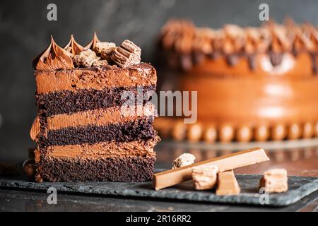 Torta al fango al cioccolato con ganache montate, gocce di cioccolato al latte e decorazioni. Foto Stock