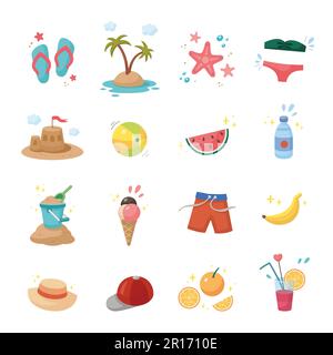 Set estivo. Raccolta di icone estive carine. Elementi dell'ora legale. Collezione di elementi per feste in spiaggia. Illustrazione Vettoriale