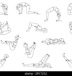 Modello senza cuciture con disegni a linea singola delle pose yoga Illustrazione Vettoriale