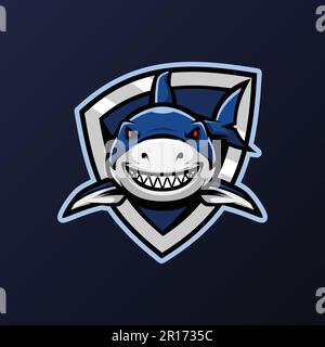 Shark with Shield Mascot Logo - Animali Mascot e-sport logo, Vector Illustration Design Concept. Illustrazione Vettoriale
