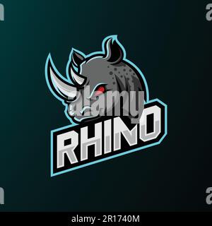 Logo Mascot Rhino con testo - Animali Mascot e-sports Logo Vector Illustration Design Concept. Illustrazione Vettoriale
