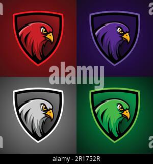 Set of Falcon Head Mascot e-sport Logo con scudo - Animali Mascot Esports Logo Vector Illustration Design Concept. Illustrazione Vettoriale