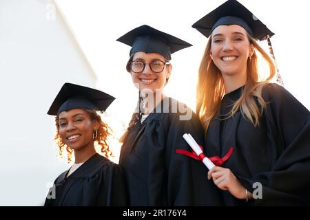 Le nostre carriere di successo sono in attesa. Ritratto di un gruppo di studenti universitari il giorno della laurea. Foto Stock