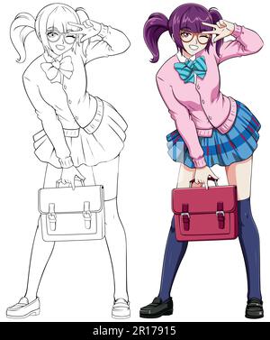 Zaino in mano ANIME Manga Schoolgirl su bianco Illustrazione Vettoriale