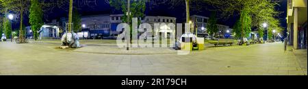 Un paesaggio urbano panoramico di notte, con scatole di cartone e sacchetti di rifiuti che traboccano da un punto di raccolta rifiuti. Nelle vicinanze si trova una pianta solitaria. Foto Stock