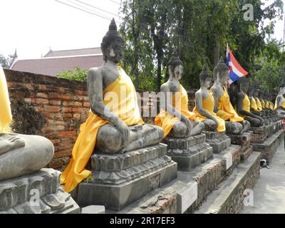 Thailandia, Ayuthaya (ex capitale reale 1350-1767): Linea di figure di Buddha in abiti di zafferano a Wat Yai Chai Mongkhon. Foto Stock
