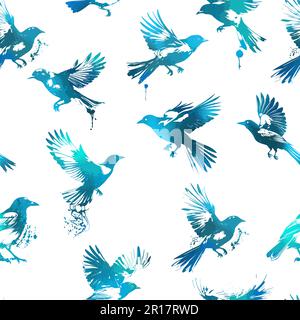 motivo senza cuciture blu e bianco con uccelli volanti. magpie volanti. Illustrazione vettoriale Illustrazione Vettoriale