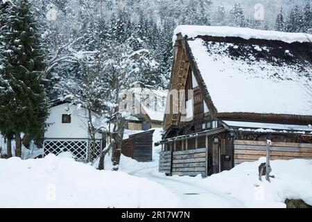 Paesaggio innevato del villaggio Shirakawa-go Foto Stock