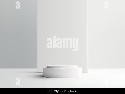 3D plateau da podio bianco moderno e minimalista con sfondo geometrico su sfondo bianco e grigio. Potete usare per la presentazione cosmetica di bellezza Illustrazione Vettoriale