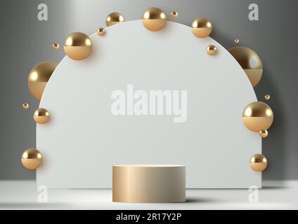 3D podio dorato moderno e moderno con sfondo bianco geometrico arrotondato decorazione palline d'oro su sfondo grigio. È possibile utilizzare per b Illustrazione Vettoriale