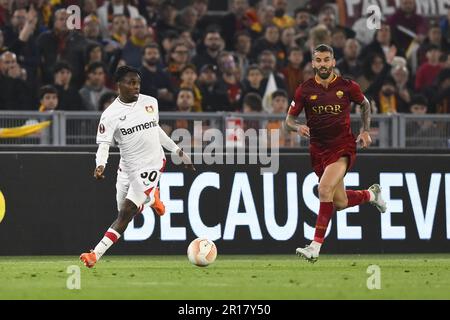 JEREMIE Frimpong di Bayer 04 Leverkusenv durante la prima tappa della semifinale della UEFA Europa League tra A.S. Roma vs Bayer 04 Leverkusen Foto Stock