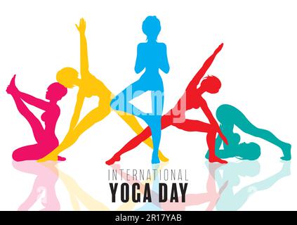 Giornata internazionale di yoga con silhouette colorate di femmine in varie pose yoga Illustrazione Vettoriale