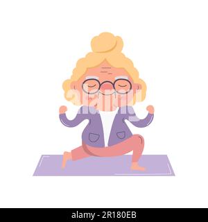 Una donna anziana sta facendo stretching, fitness, yoga, esercizi. Illustrazione piatta vettoriale su bianco Illustrazione Vettoriale