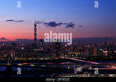 Vista del tramonto sul cielo di Tokyo da Funabori Foto Stock