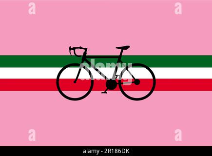 Giro d'Italia, biciclette in silhouette con sfondo tricolore italiano. Sfondo rosa come la maglia rosa del primo ciclista in classifica Foto Stock