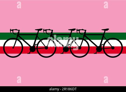 Giro d'Italia, biciclette in silhouette con sfondo tricolore italiano. Sfondo rosa come la maglia rosa del primo ciclista in classifica Foto Stock