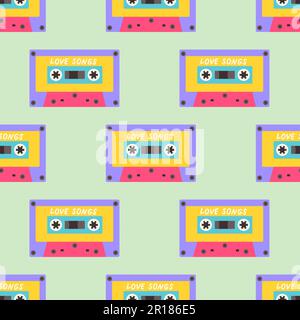 90s pattern senza cuciture con audiocassetta. Sfondo vettoriale in stile fumetto pop art cartoon 80s 90s. Illustrazione Vettoriale