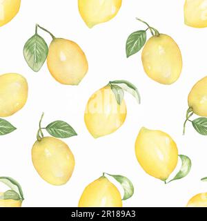 Acquerello limone disegnato a mano senza cuciture, agrumi con foglie di carta ripetuta, disegno tessile Foto Stock