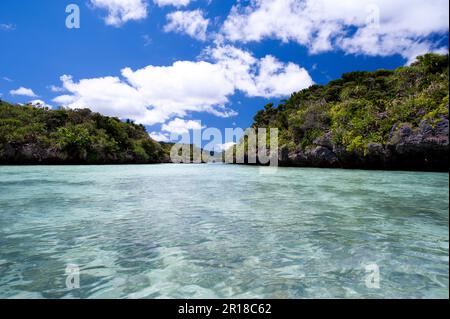 Una piccola isola sulla Baia di Kabira Foto Stock