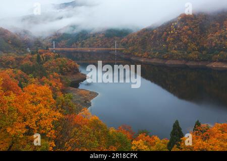 Ponte tra Dream e il lago Kuzuryu di foglie autunnali Foto Stock